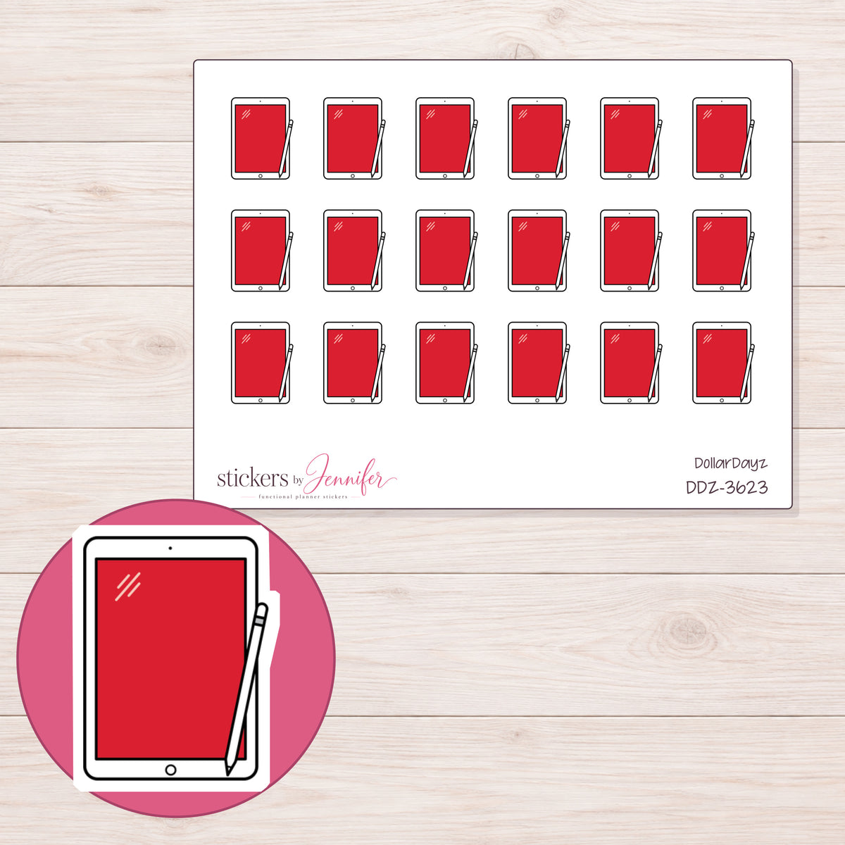 Red Tablet and Stylus Planner Stickers | DDZ-3623 — 4 × 3 inch sheet and enlarged sticker detail