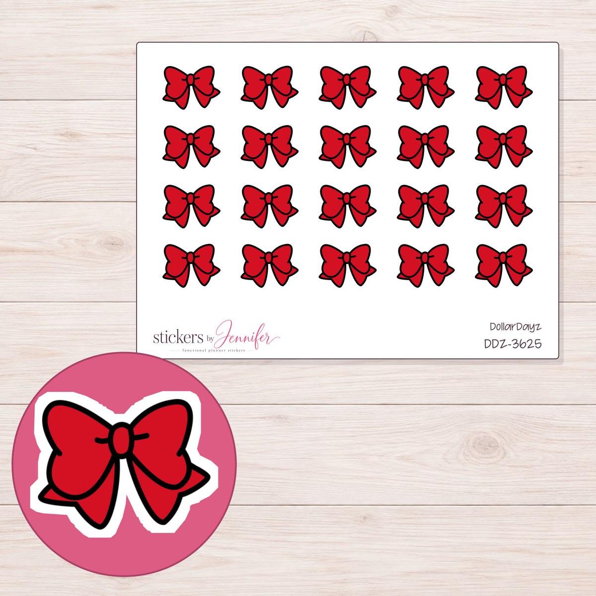 Red Kawaii Bow Planner Stickers | DDZ-3625 — 4 × 3 inch sheet and enlarged sticker detail