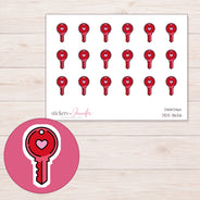 Red Heart Key Planner Stickers | DDZ-3626 — 4 × 3 inch sheet and enlarged sticker detail
