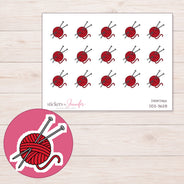 Red Yarn Ball and Needles Planner Stickers | DDZ-3628 — 4 × 3 inch sheet and enlarged sticker detail