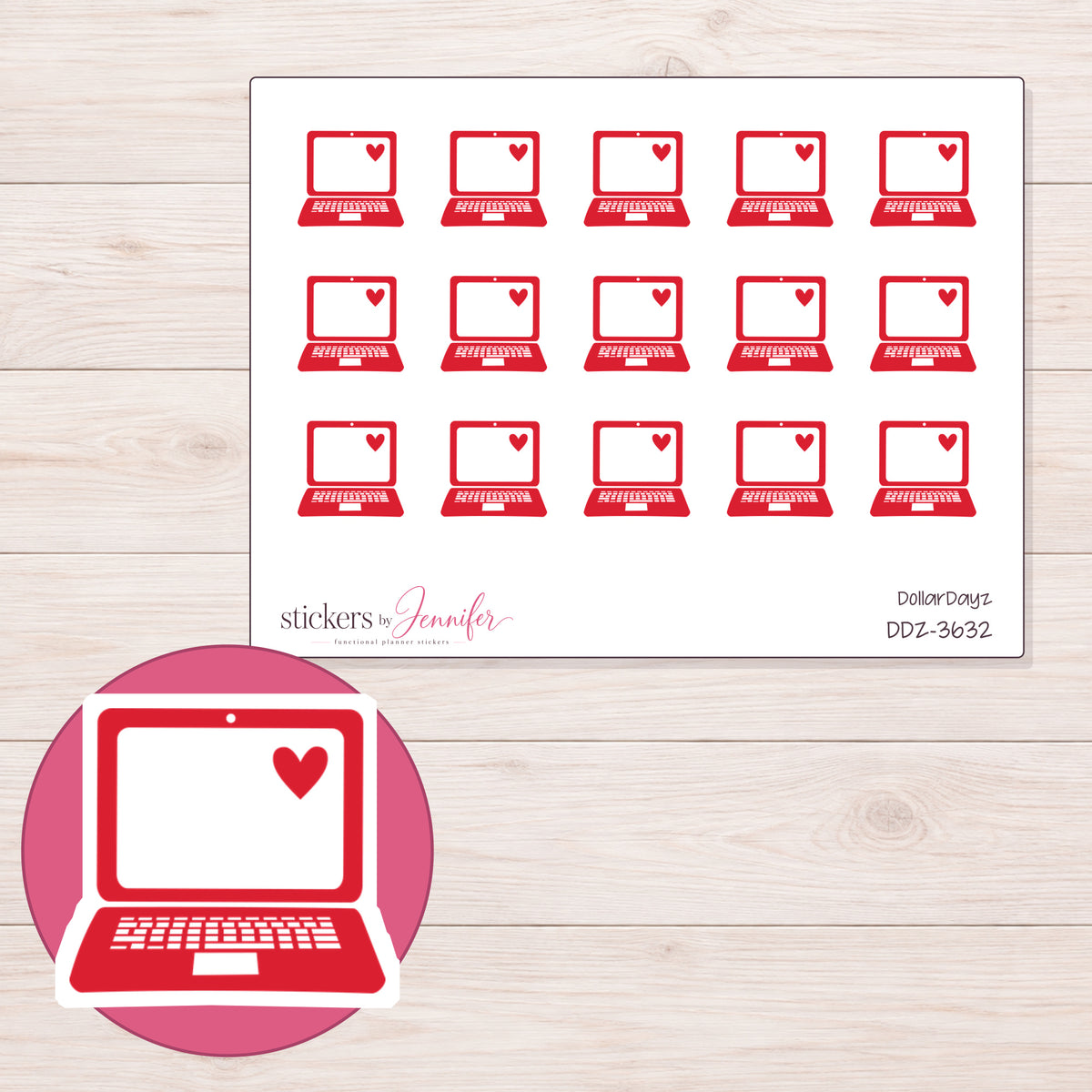 Red Heart Laptop Planner Stickers | DDZ-3632 — 4 × 3 inch sheet and enlarged sticker detail