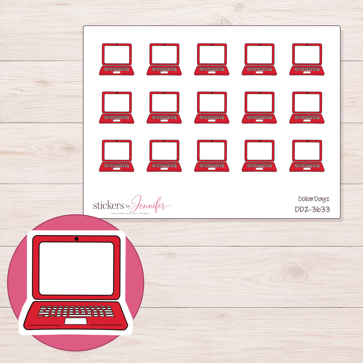 Red Doodle Laptop Planner Stickers | DDZ-3633 — 4 × 3 inch sheet and enlarged sticker detail