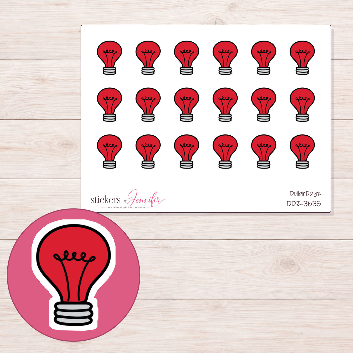 Red Light Bulb Planner Stickers | DDZ-3635 — 4 × 3 inch sheet and enlarged sticker detail