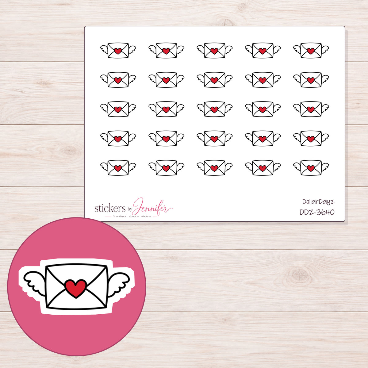 Winged Heart Envelope Planner Stickers | DDZ-3640 — 4 × 3 inch sheet and enlarged sticker detail