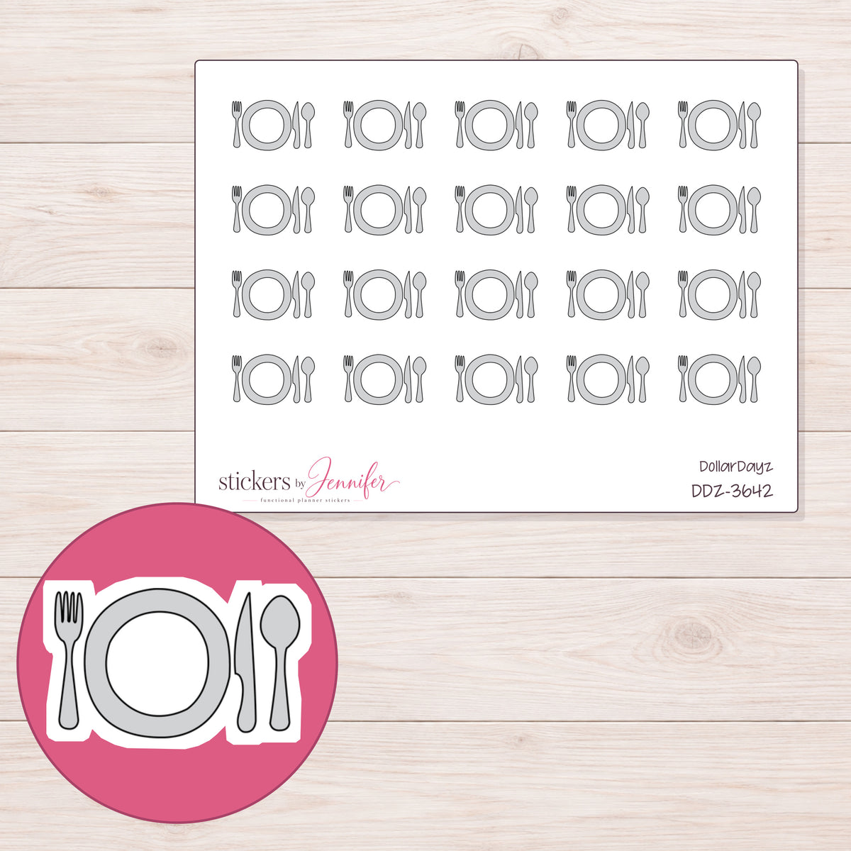 Plate and Cutlery Planner Stickers | DDZ-3642 — 4 × 3 inch sheet and enlarged sticker detail