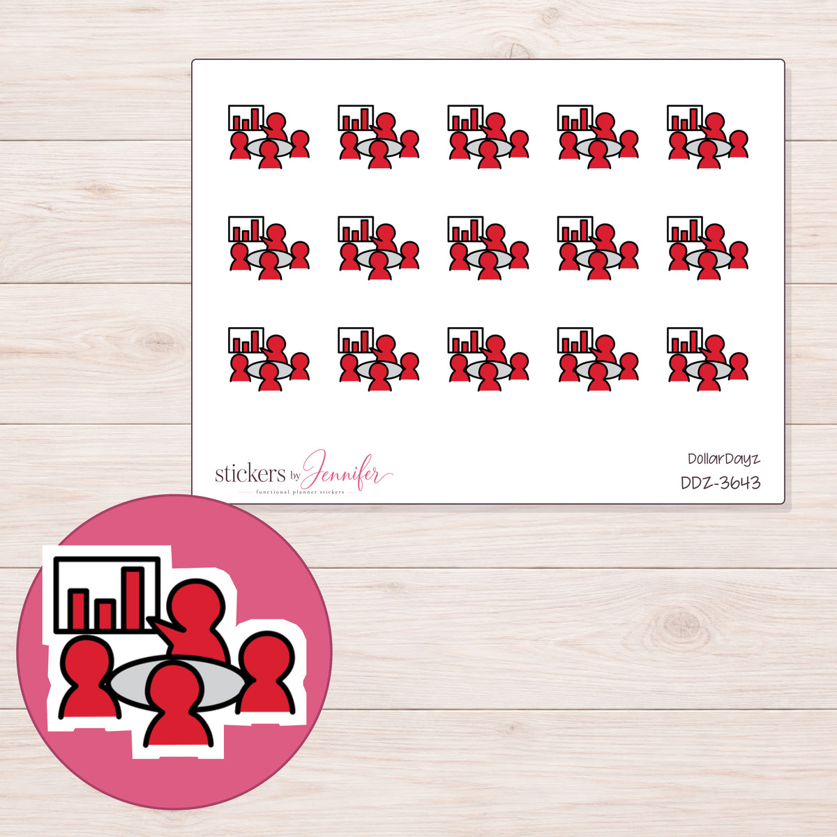 Red Team Meeting Planner Stickers | DDZ-3643 — 4 × 3 inch sheet and enlarged sticker detail