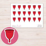Red Menstrual Cup Planner Stickers | DDZ-3644 — 4 × 3 inch sheet and enlarged sticker detail