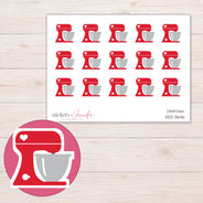 Red Heart Stand Mixer Planner Stickers | DDZ-3646 — 4 × 3 inch sheet and enlarged sticker detail