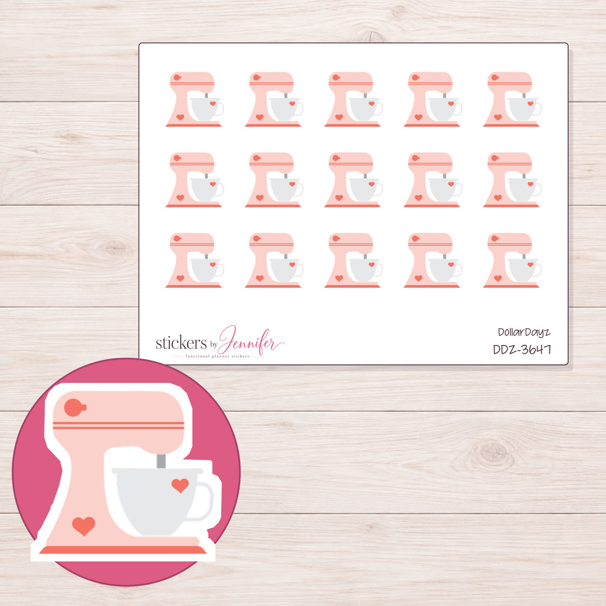 Pastel Pink Stand Mixer Planner Stickers | DDZ-3647 — 4 × 3 inch sheet and enlarged sticker detail