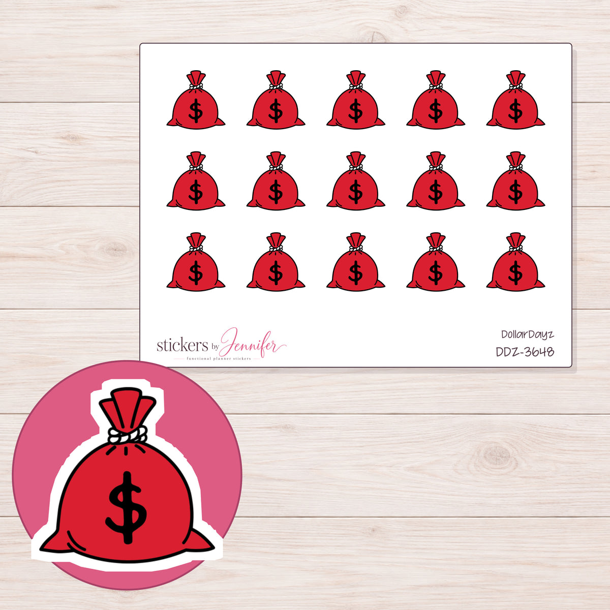Red Money Bag Planner Stickers | DDZ-3648 — 4 × 3 inch sheet and enlarged sticker detail