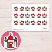 Red Dome Mosque Planner Stickers | DDZ-3649 — 4 × 3 inch sheet and enlarged sticker detail