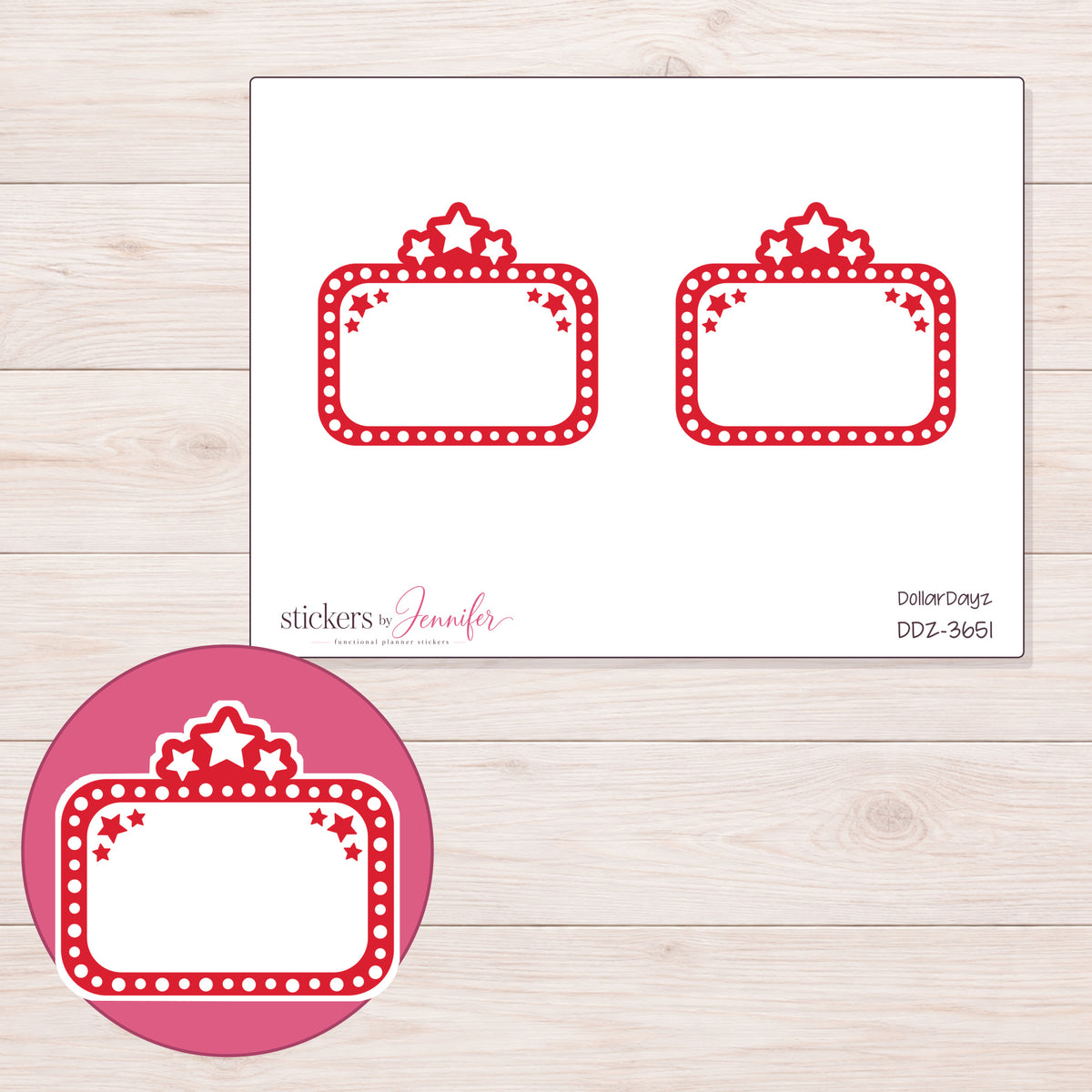 Red Star Movie Marquee Planner Stickers | DDZ-3651 — 4 × 3 inch sheet and enlarged sticker detail