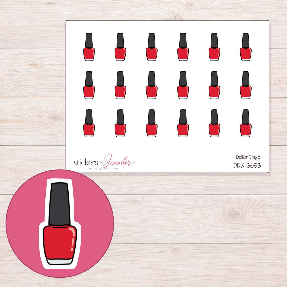 Red Nail Polish Planner Stickers | DDZ-3653 — 4 × 3 inch sheet and enlarged sticker detail
