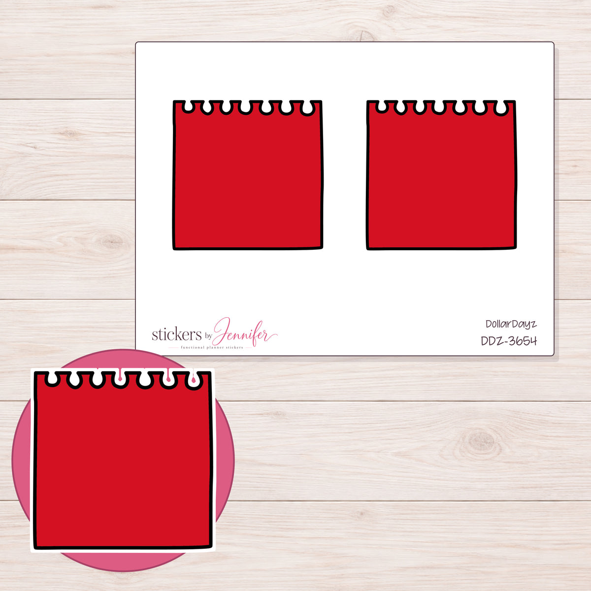 Red Spiral Notepad Planner Stickers | DDZ-3654 — 4 × 3 inch sheet and enlarged sticker detail