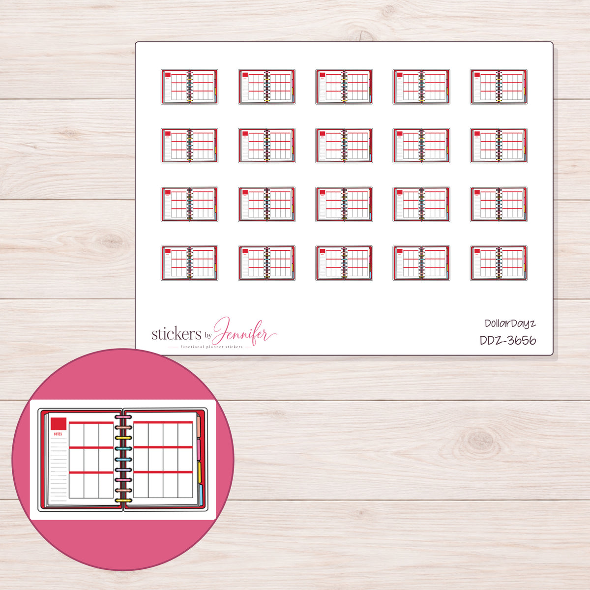 Open Red Weekly Planner Planner Stickers | DDZ-3656 — 4 × 3 inch sheet and enlarged sticker detail