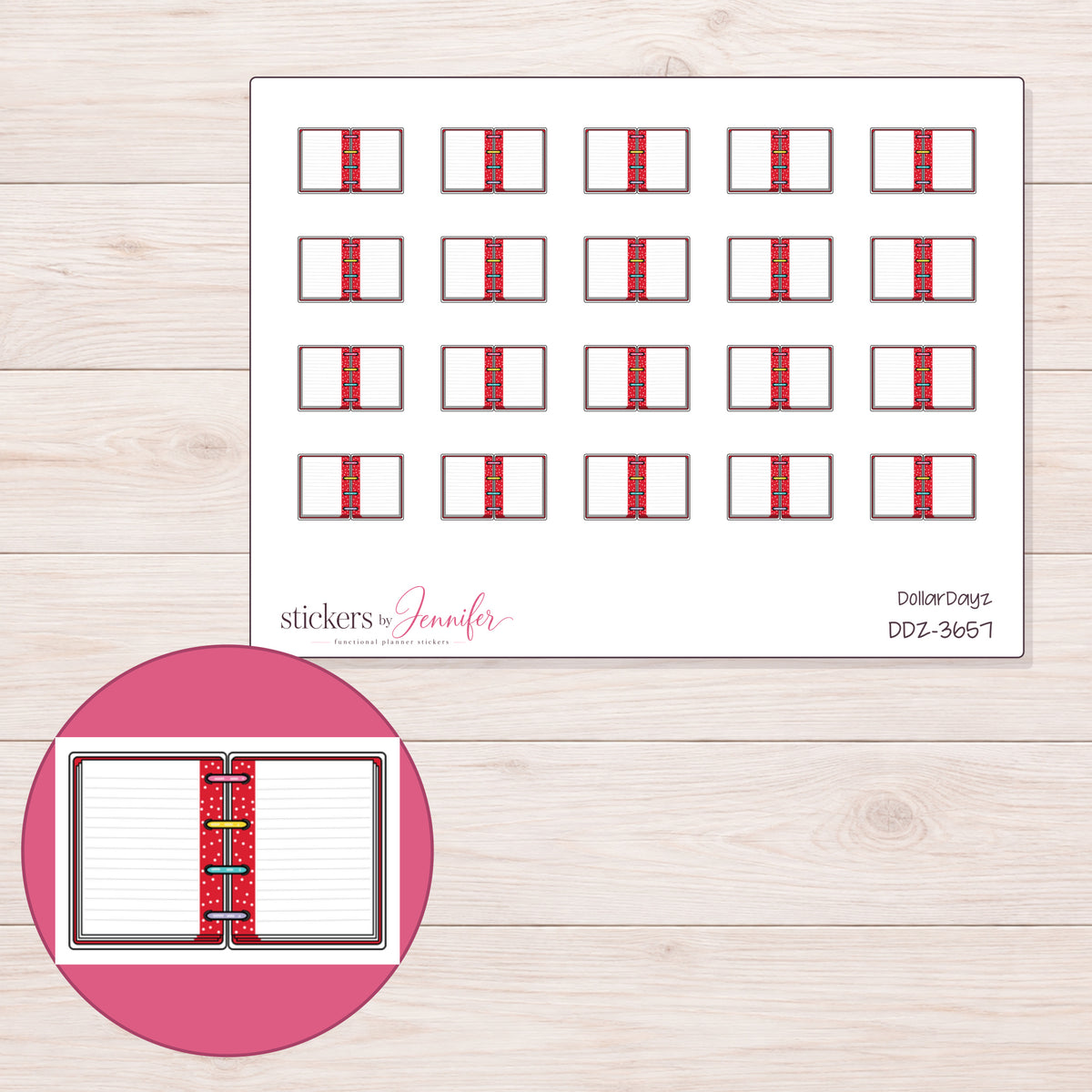 Open Red Mini Notebook Planner Stickers | DDZ-3657 — 4 × 3 inch sheet and enlarged sticker detail