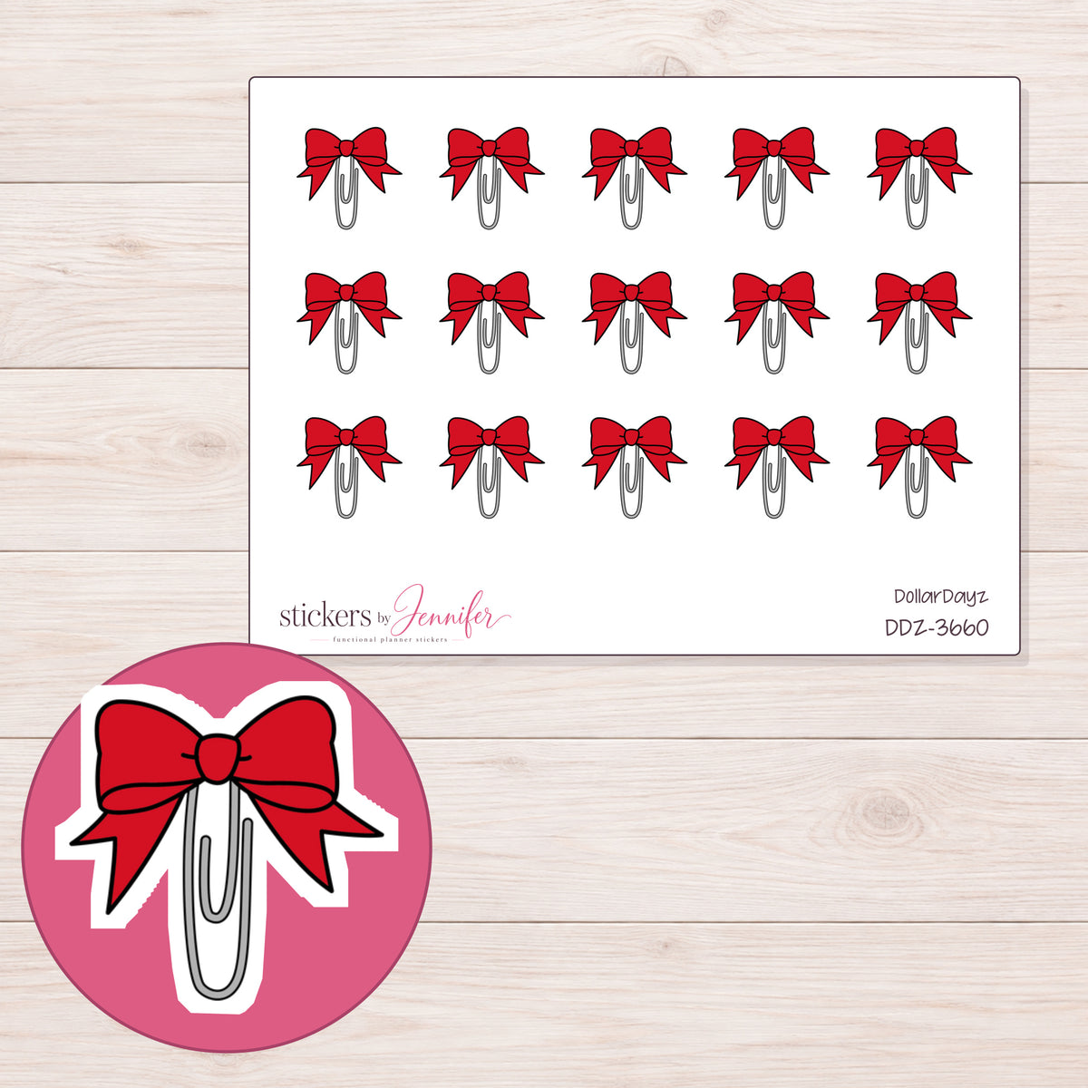 Red Bow Paper Clip Planner Stickers | DDZ-3660 — 4 × 3 inch sheet and enlarged sticker detail