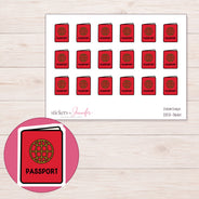 Red Passport Planner Stickers | DDZ-3661 — 4 × 3 inch sheet and enlarged sticker detail