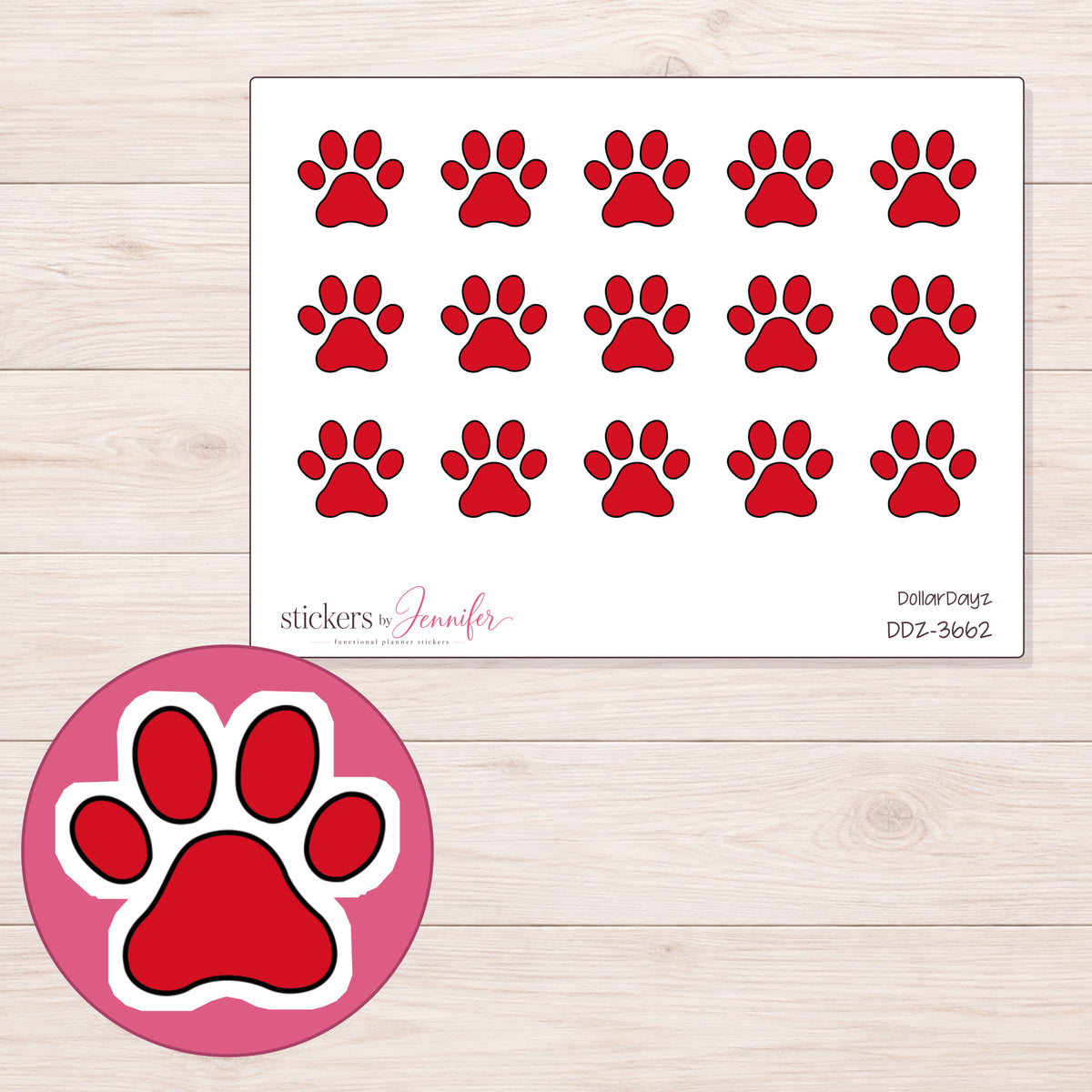 Solid Red Paw Print Planner Stickers | DDZ-3662 — 4 × 3 inch sheet and enlarged sticker detail