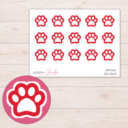 Red Outline Paw Print Planner Stickers | DDZ-3663 — 4 × 3 inch sheet and enlarged sticker detail