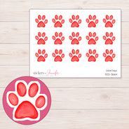 Bright Red Watercolor Paw Planner Stickers | DDZ-3664 — 4 × 3 inch sheet and enlarged sticker detail