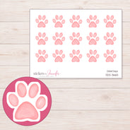 Pastel Pink Watercolor Paw Planner Stickers | DDZ-3665 — 4 × 3 inch sheet and enlarged sticker detail