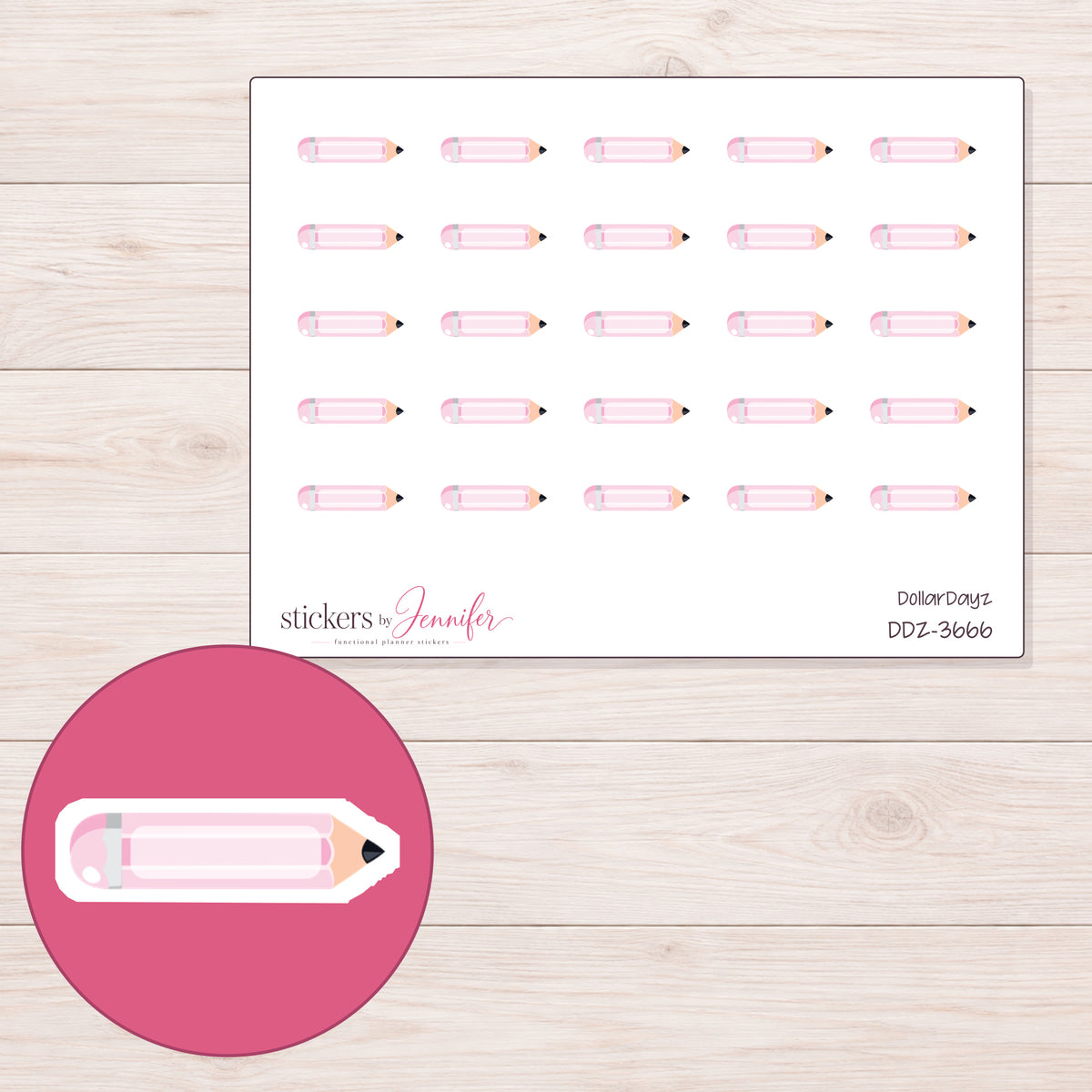 Pastel Pink Pencil Planner Stickers | DDZ-3666 — 4 × 3 inch sheet and enlarged sticker detail