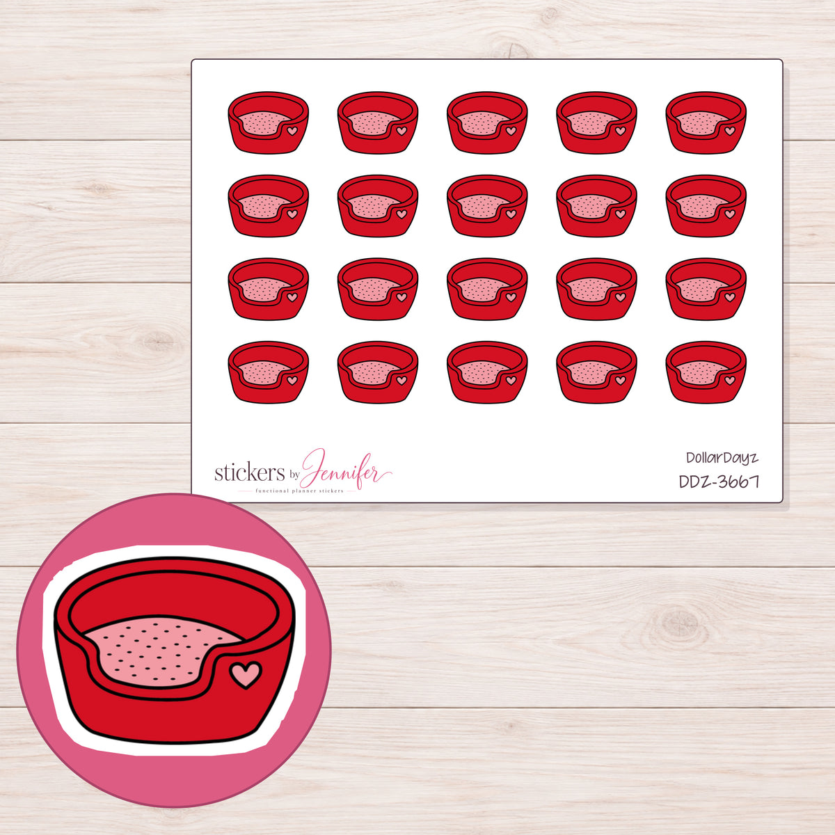 Red Heart Pet Bed Planner Stickers | DDZ-3667 — 4 × 3 inch sheet and enlarged sticker detail