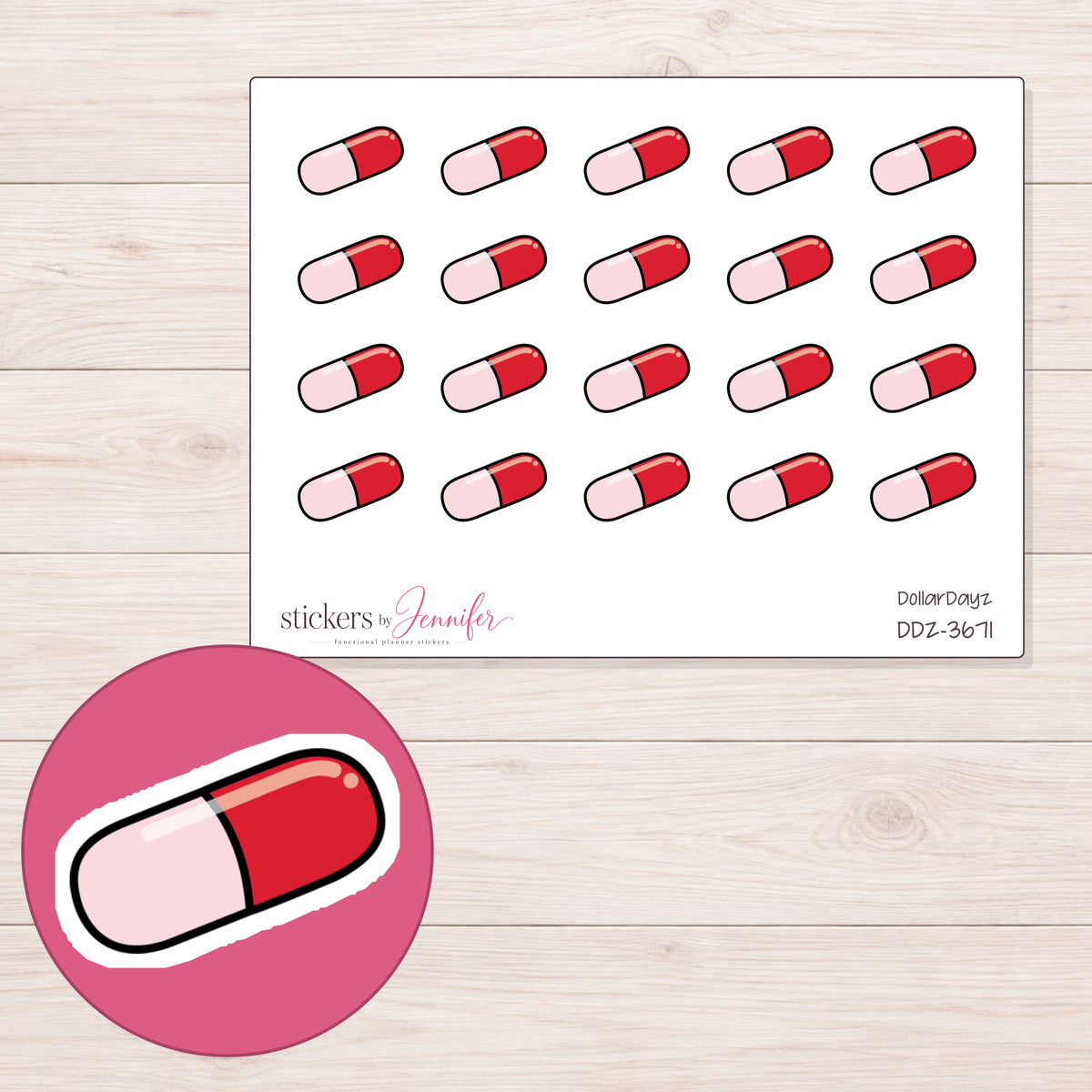 Red and Pink Capsule Planner Stickers | DDZ-3671 — 4 × 3 inch sheet and enlarged sticker detail