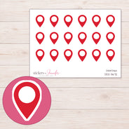 Red Location Pin Planner Stickers | DDZ-3672 — 4 × 3 inch sheet and enlarged sticker detail