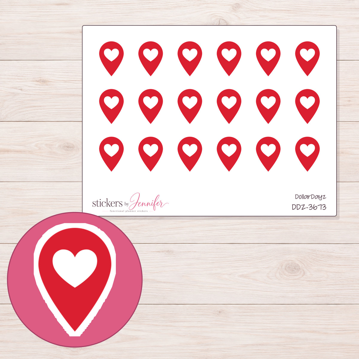 Red Heart Location Pin Planner Stickers | DDZ-3673 — 4 × 3 inch sheet and enlarged sticker detail