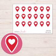 Red Heart Location Pin Planner Stickers | DDZ-3673 — 4 × 3 inch sheet and enlarged sticker detail