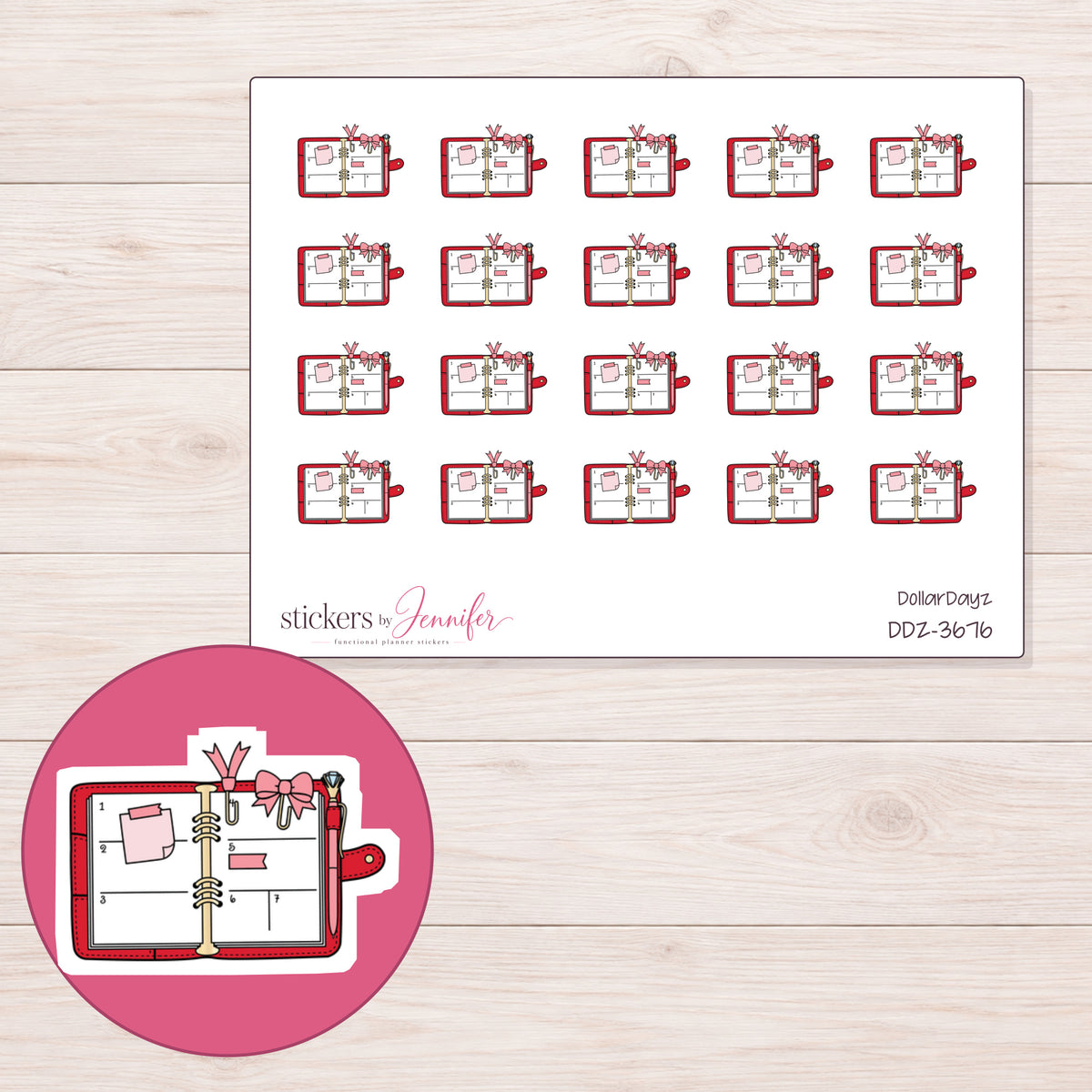 Open Decorated Planner Planner Stickers | DDZ-3676 — 4 × 3 inch sheet and enlarged sticker detail