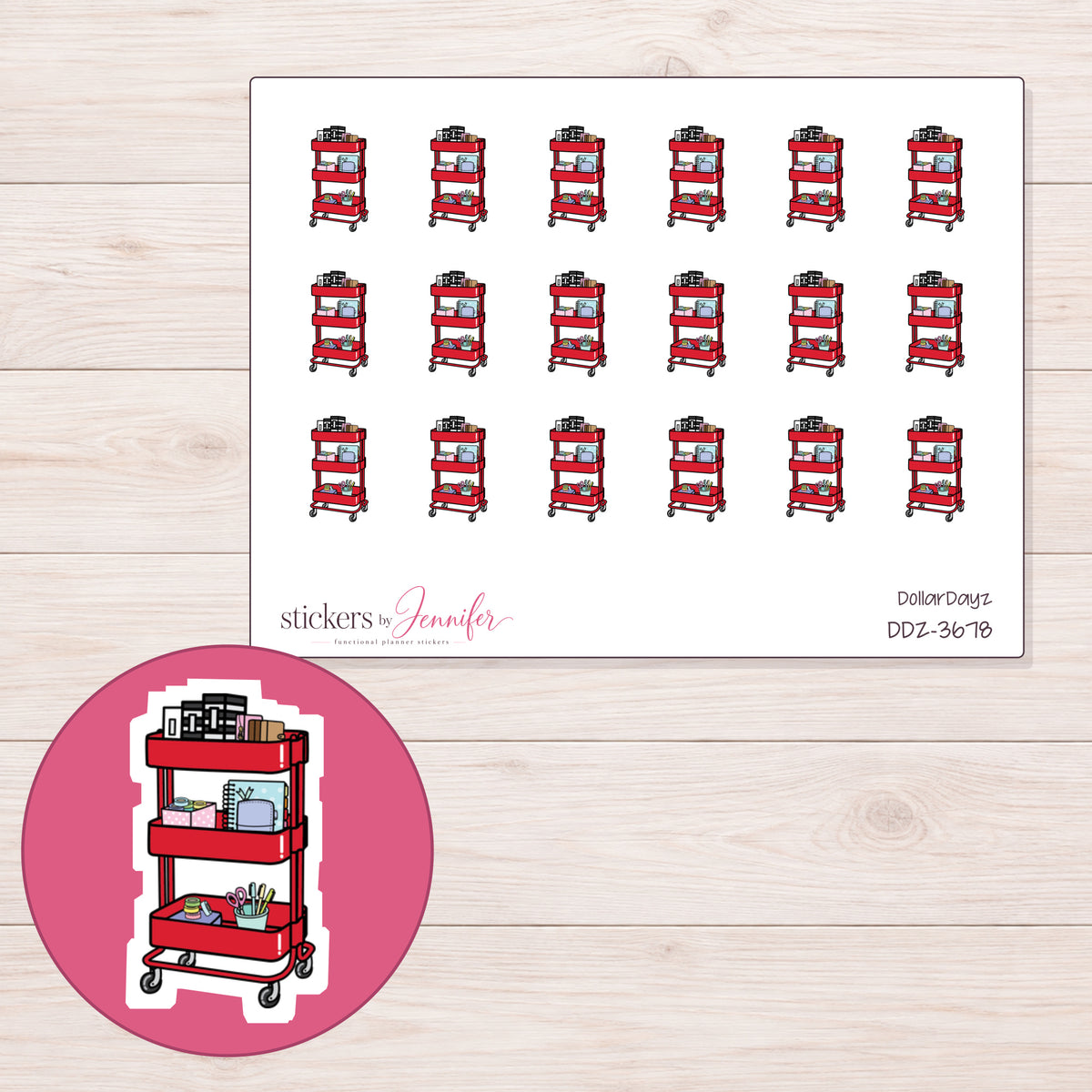 Red Planner Supply Cart Planner Stickers | DDZ-3678 — 4 × 3 inch sheet and enlarged sticker detail