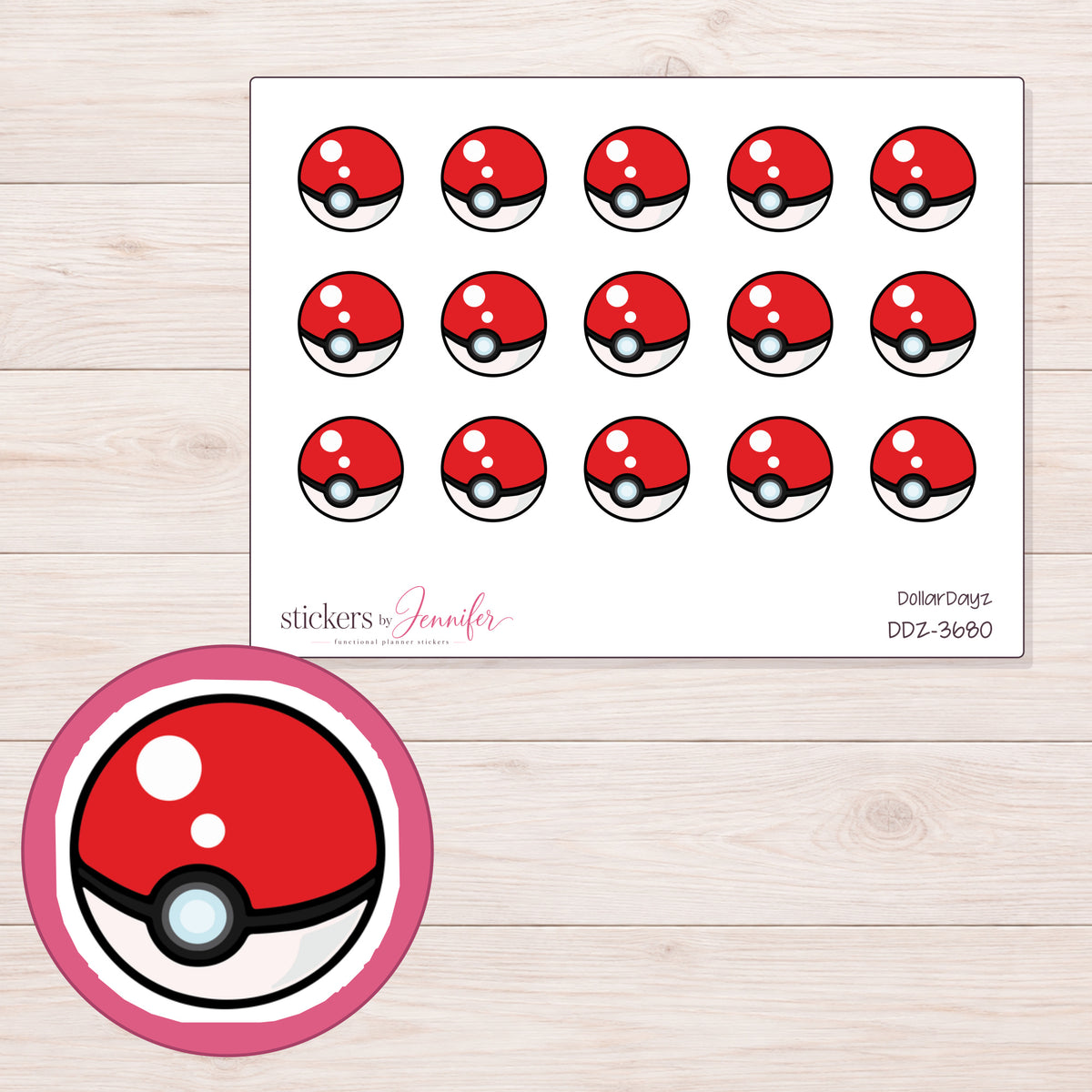 Red and White Poke Ball Planner Stickers | DDZ-3680 — 4 × 3 inch sheet and enlarged sticker detail