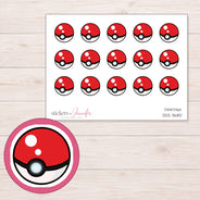 Red and White Poke Ball Planner Stickers | DDZ-3680 — 4 × 3 inch sheet and enlarged sticker detail