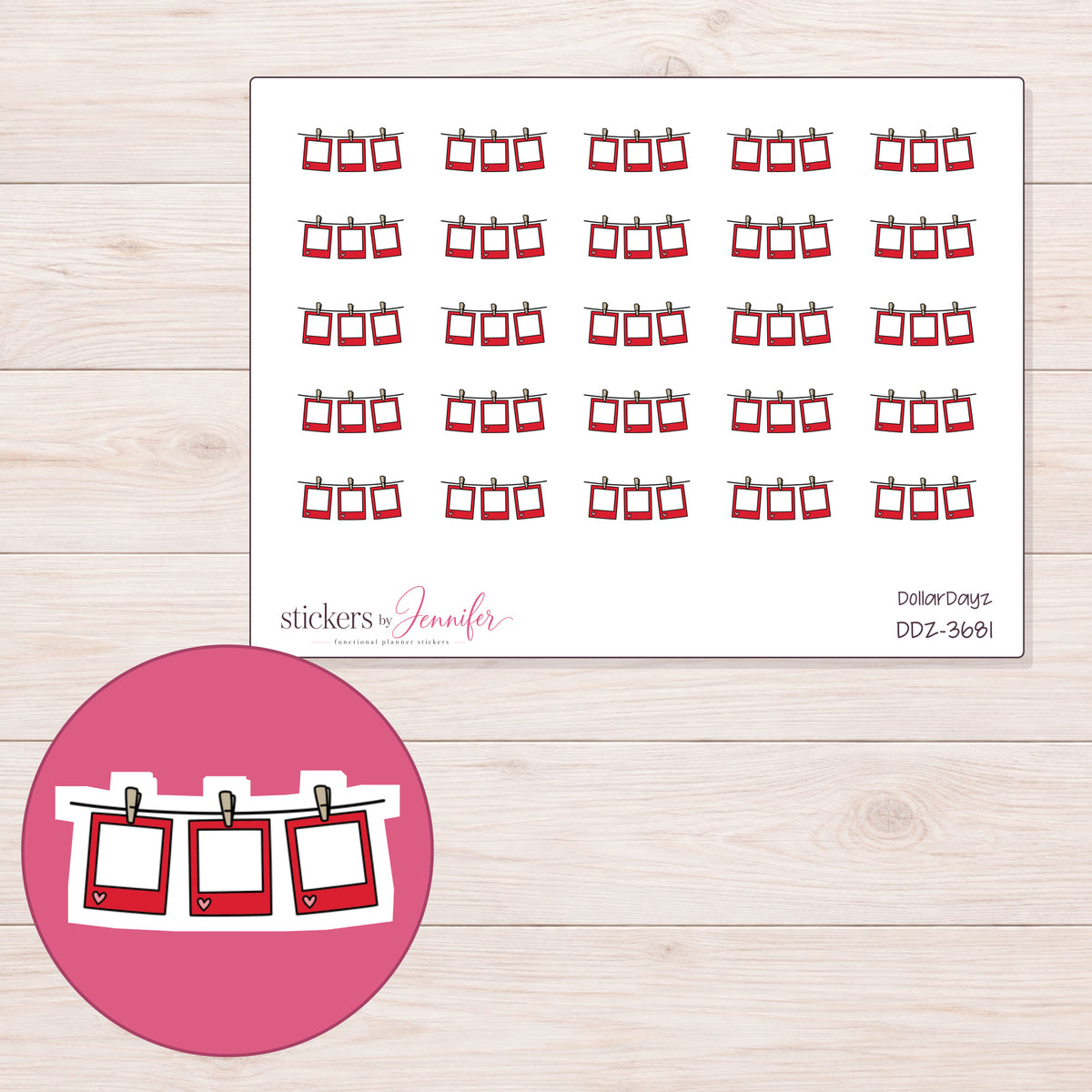 Red Hanging Photo Frames Planner Stickers | DDZ-3681 — 4 × 3 inch sheet and enlarged sticker detail