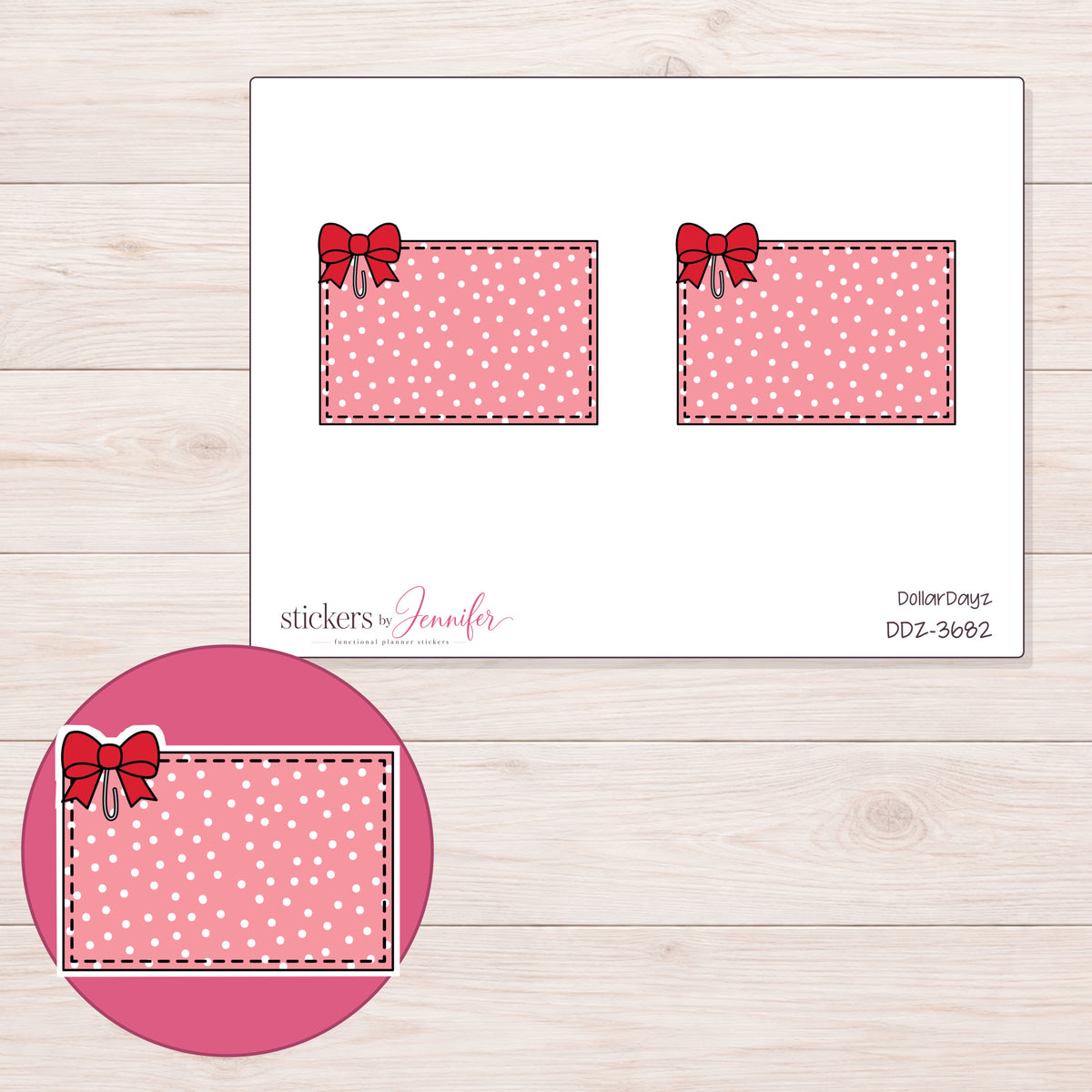 Pink Polka Dot Bow Half Box Planner Stickers | DDZ-3682 — 4 × 3 inch sheet and enlarged sticker detail
