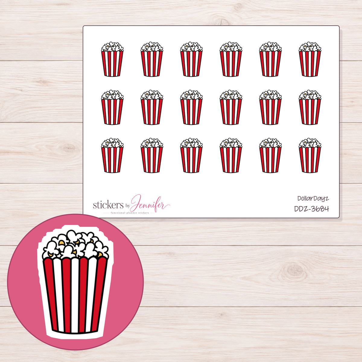 Red Striped Popcorn Tub Planner Stickers | DDZ-3684 — 4 × 3 inch sheet and enlarged sticker detail