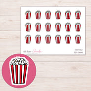 Red Striped Popcorn Tub Planner Stickers | DDZ-3684 — 4 × 3 inch sheet and enlarged sticker detail