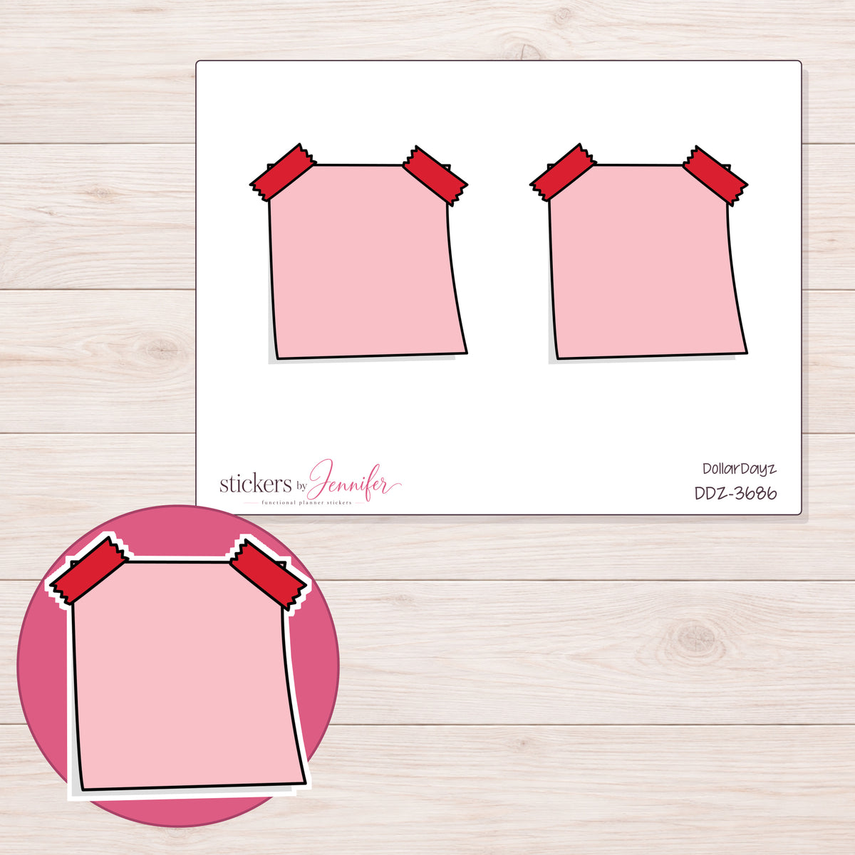 Pink Double-Tape Note Planner Stickers | DDZ-3686 — 4 × 3 inch sheet and enlarged sticker detail