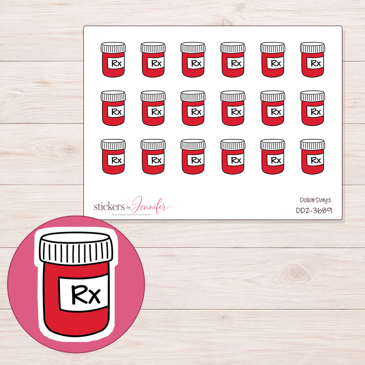 Red Prescription Bottle Planner Stickers | DDZ-3689 — 4 × 3 inch sheet and enlarged sticker detail