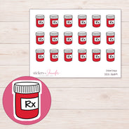 Red Prescription Bottle Planner Stickers | DDZ-3689 — 4 × 3 inch sheet and enlarged sticker detail
