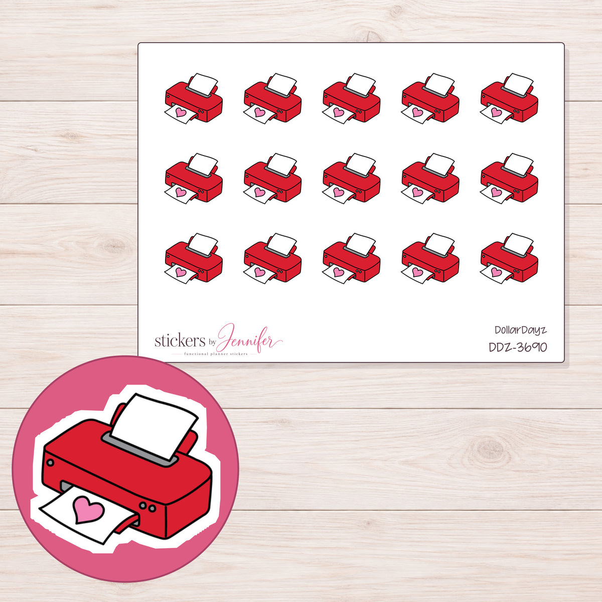 Red Heart Printer Planner Stickers | DDZ-3690 — 4 × 3 inch sheet and enlarged sticker detail