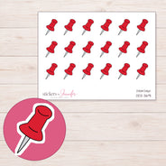 Red Pushpin Planner Stickers | DDZ-3691 — 4 × 3 inch sheet and enlarged sticker detail