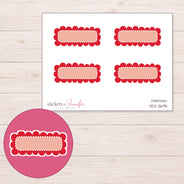 Red Scallop Dot Quarter Box Planner Stickers | DDZ-3694 — 4 × 3 inch sheet and enlarged sticker detail