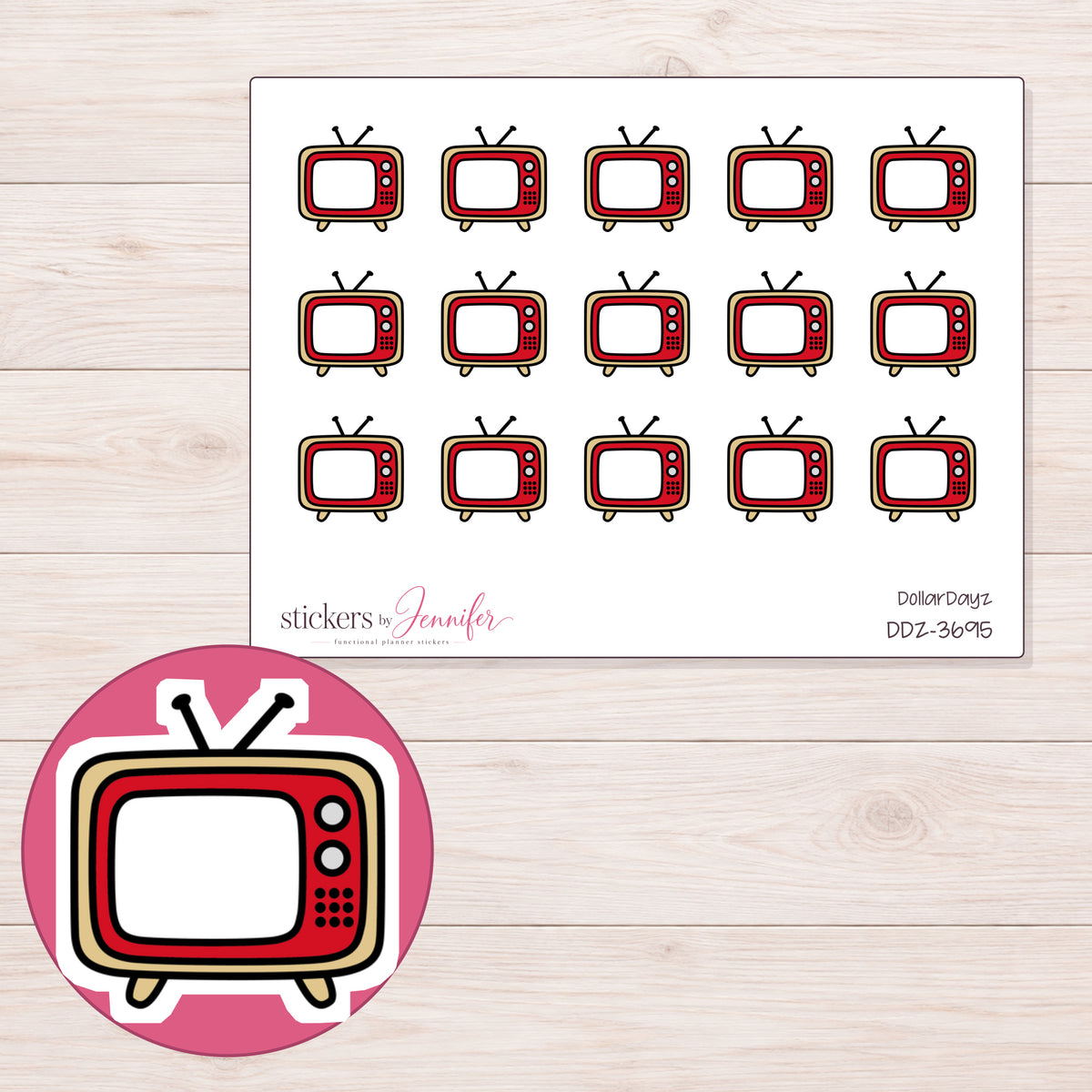 Red Retro Television Planner Stickers | DDZ-3695 — 4 × 3 inch sheet and enlarged sticker detail