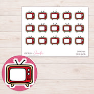 Red Retro Television Planner Stickers | DDZ-3695 — 4 × 3 inch sheet and enlarged sticker detail