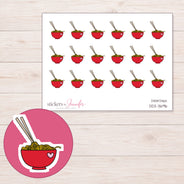 Red Heart Ramen Bowl Planner Stickers | DDZ-3696 — 4 × 3 inch sheet and enlarged sticker detail