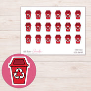 Red Recycling Bin Planner Stickers | DDZ-3699 — 4 × 3 inch sheet and enlarged sticker detail